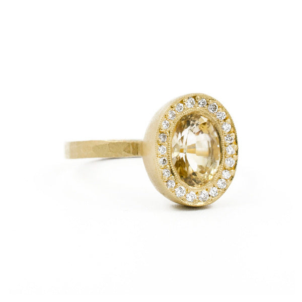 Golden Sapphire Diamond Halo Ring