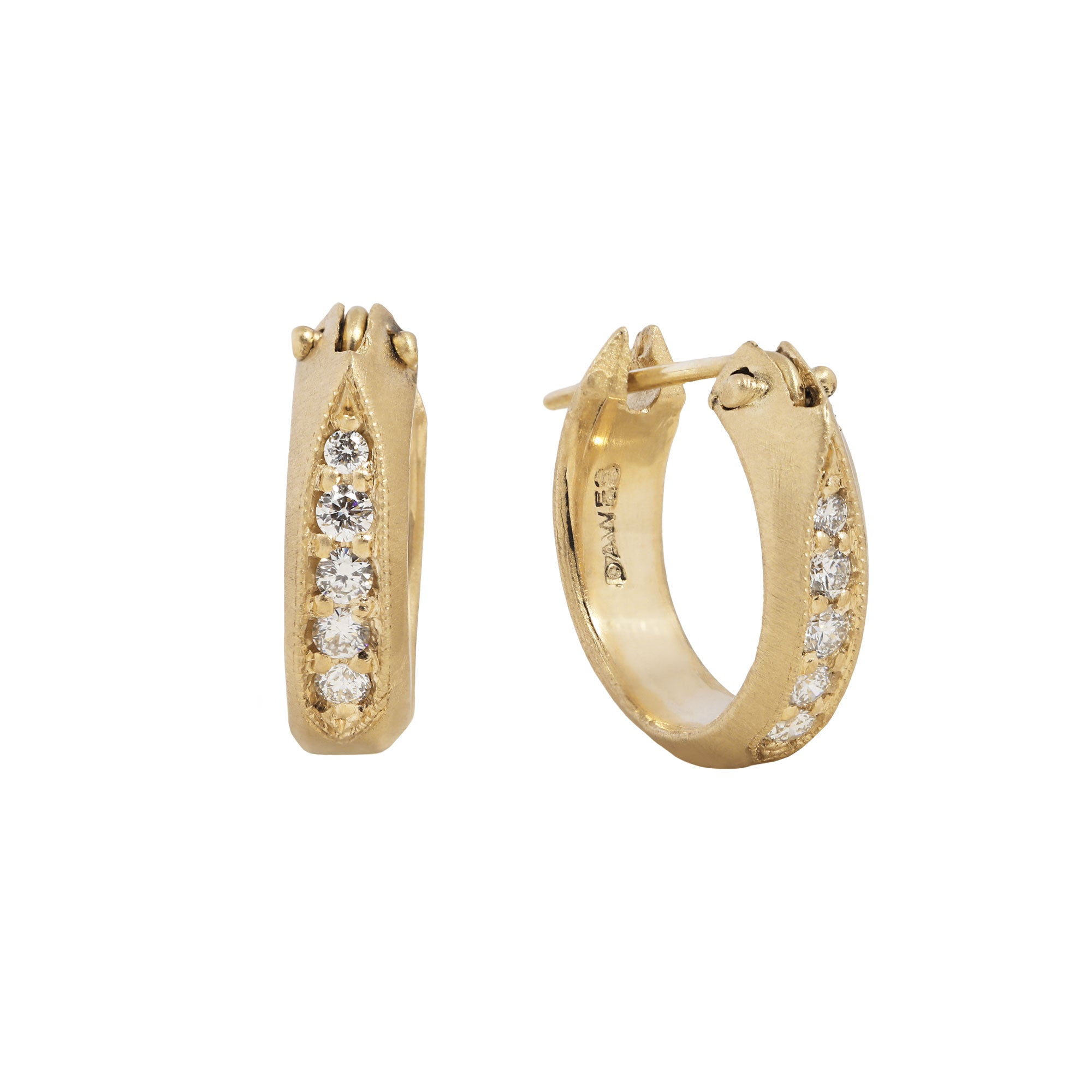 Gold hoop earrings with embedded diamonds on a white background