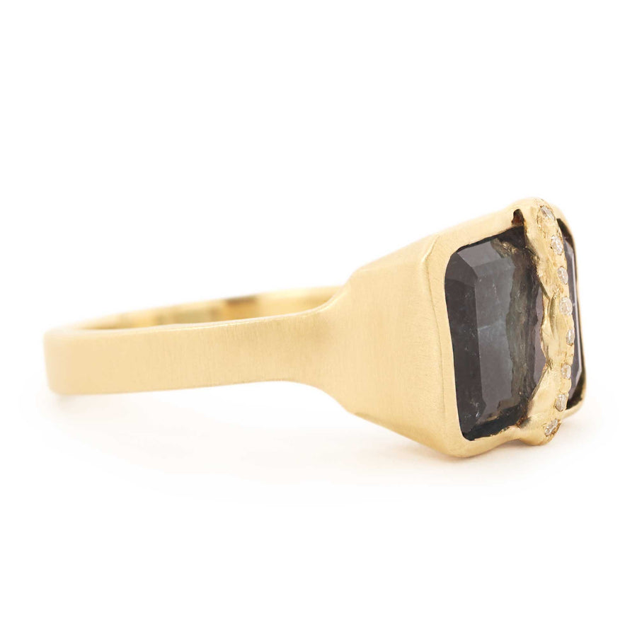 Gold ring with a dark gemstone on a white background
