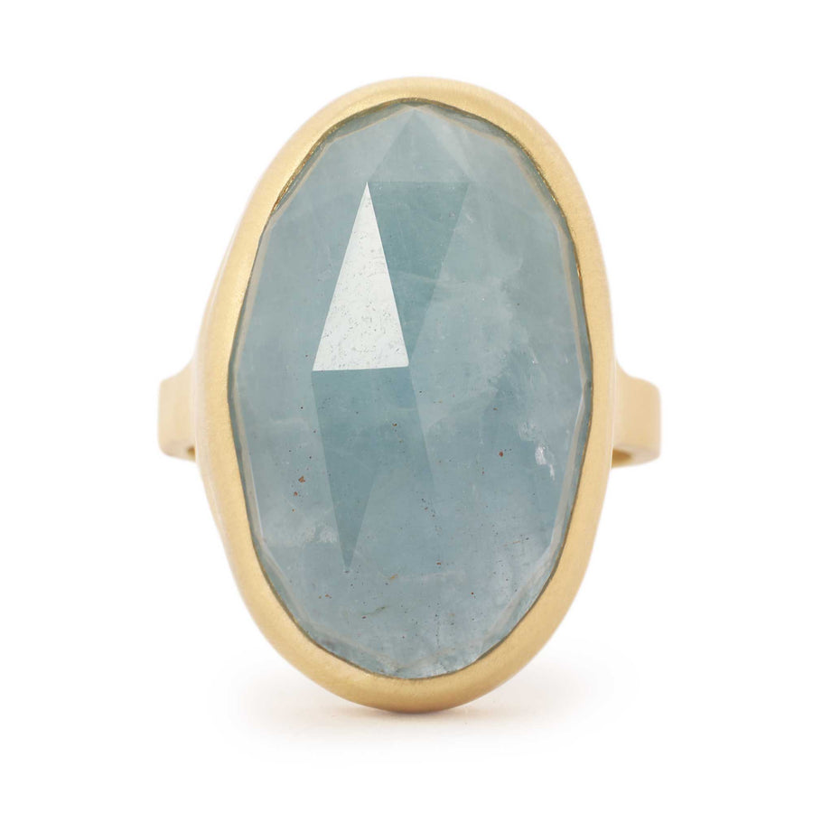 Jennifer Dawes Melting Ice Aqua Ring Large oval aquamarine ring set in a 14k yellow setting