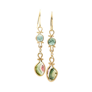 Asymmetrical Green Watermelon Tourmaline Drop Earrings