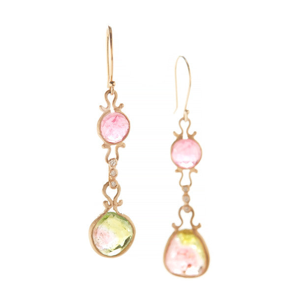 Asymmetrical Rubellite Watermelon Tourmaline Drop Earrings