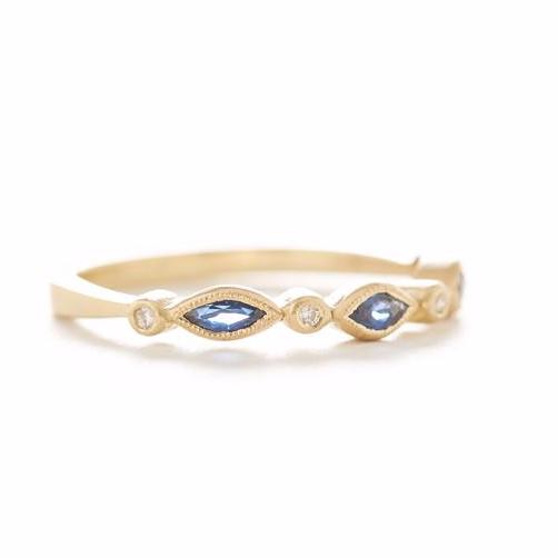 Blockette Marquise Blue Sapphire Diamond Ring