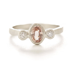 Hewn Three Stone Oval Padparadscha Sapphire Diamond Ring