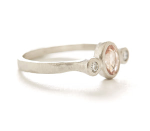 Hewn Three Stone Oval Padparadscha Sapphire Diamond Ring