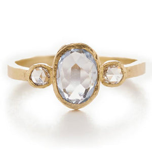 Hewn Three Stone Oval Blue Sapphire Diamond Ring