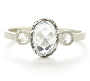 Hewn Three Stone Oval Rose Cut Diamond Ring
