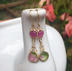 Asymmetrical Rubellite Watermelon Tourmaline Drop Earrings