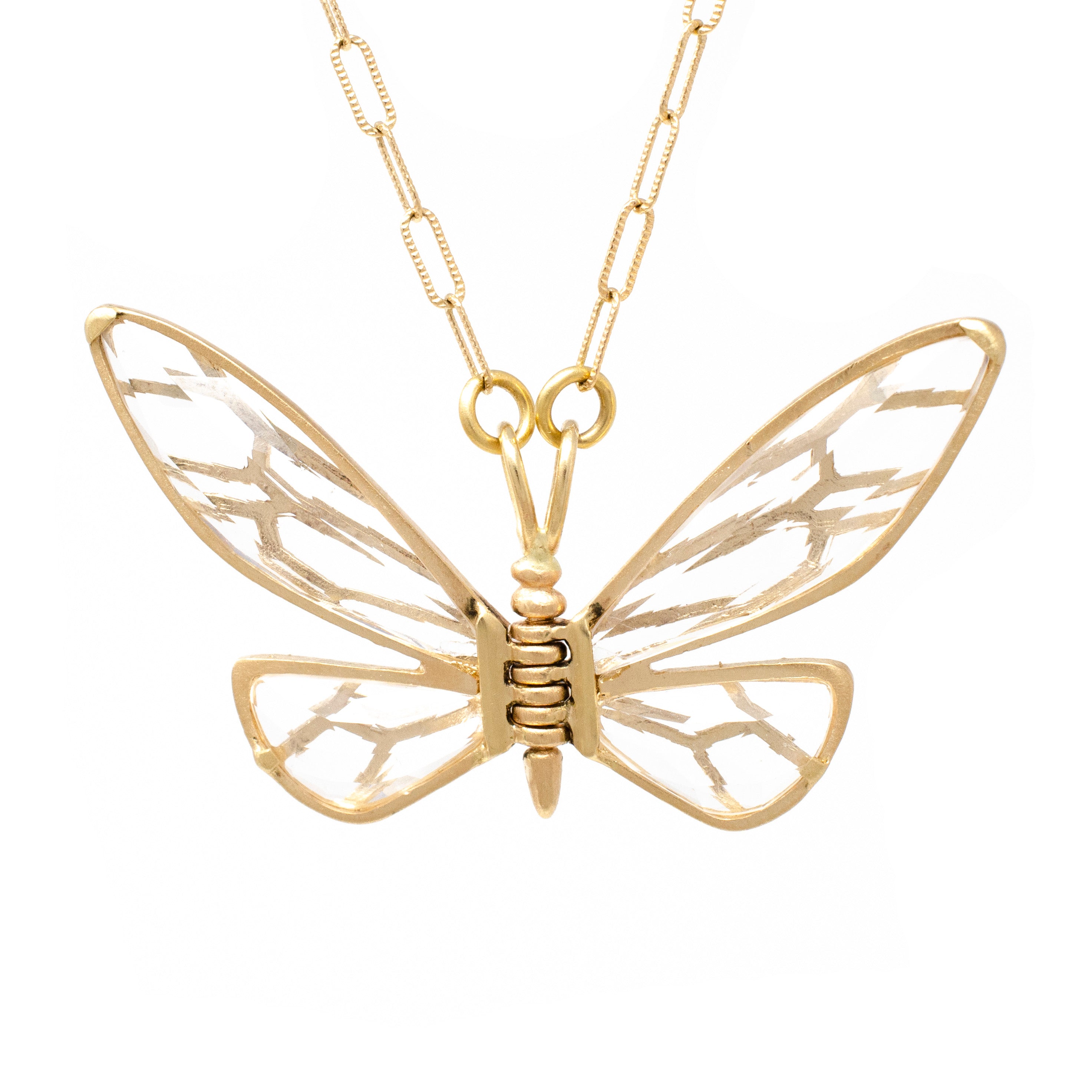 A gold-colored lace winged butterfly necklace with a textured chain.
